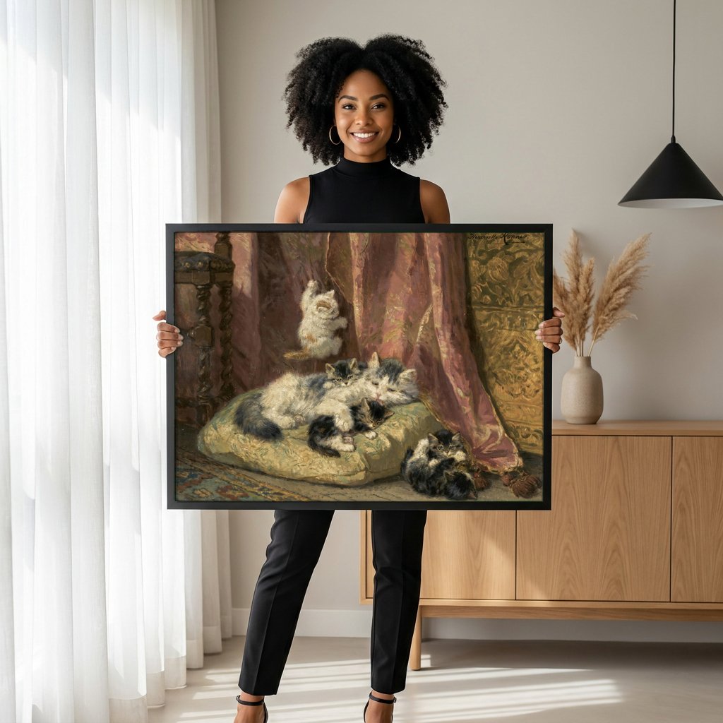 Quadro Decorativo Gatos Brincalhões - Henriëtte Ronner-Knip com modelo em ambiente