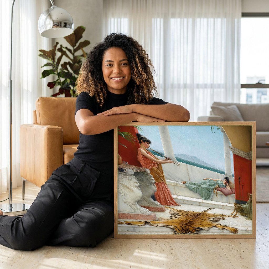 Quadro Decorativo Vesúvio e Duas Jovens - Godward com modelo em ambiente
