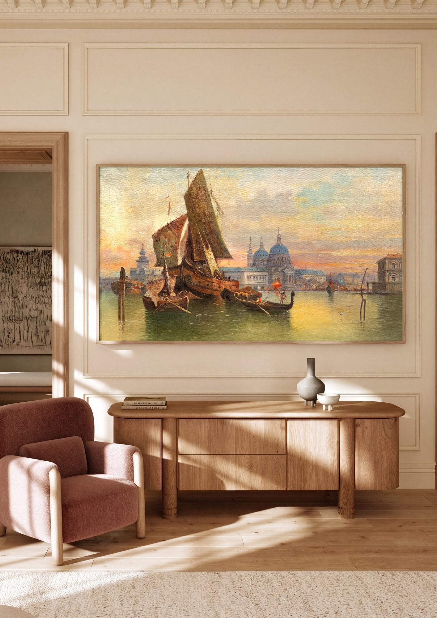 Quadro Decorativo Porto de Veneza ao Entardecer - Karl Kaufmann em ambiente decorado