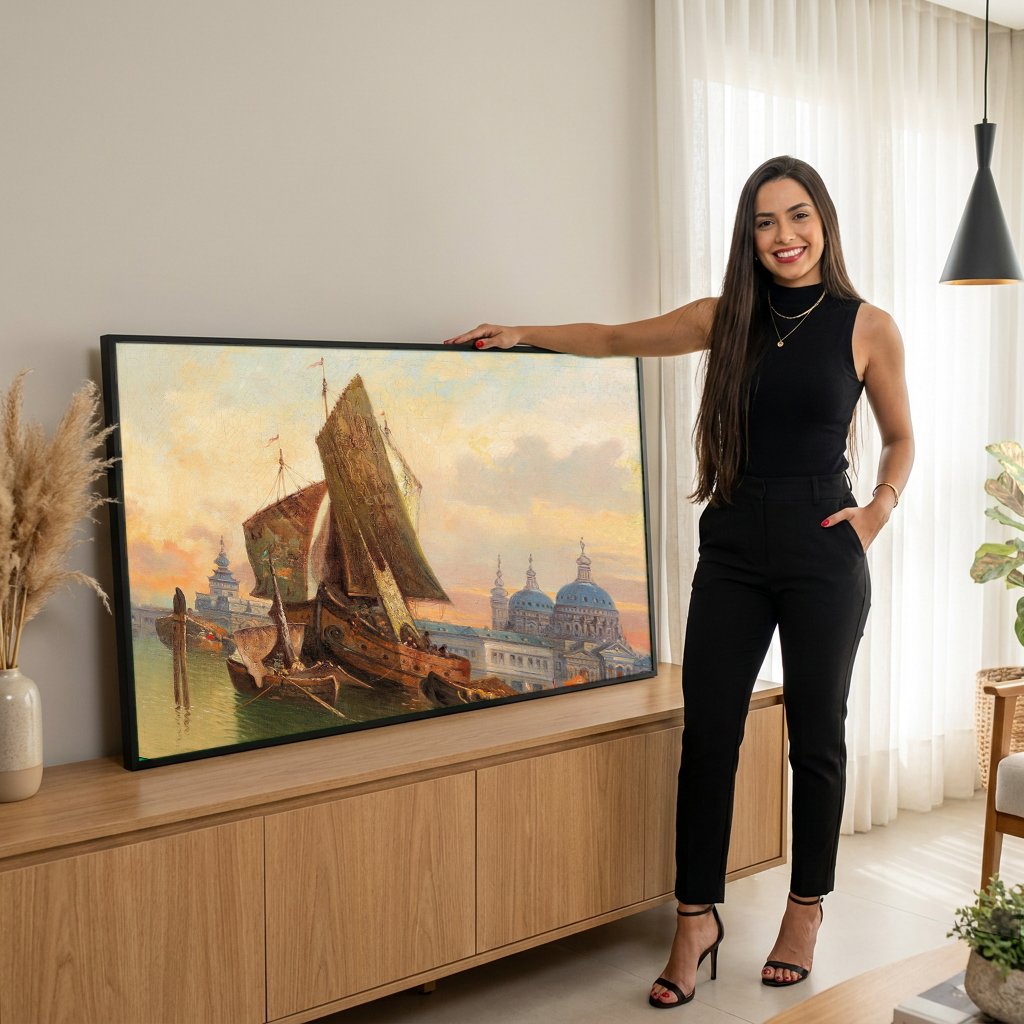 Quadro Decorativo Porto de Veneza ao Entardecer - Karl Kaufmann com modelo em ambiente