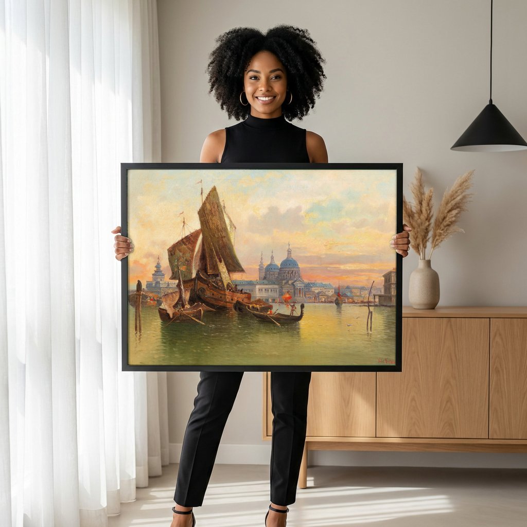 Quadro Decorativo Porto de Veneza ao Entardecer - Karl Kaufmann com modelo em ambiente