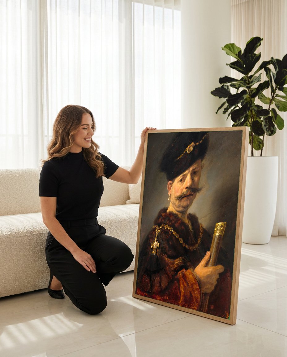 Quadro Decorativo Homem com Gorro Oriental – Rembrandt com modelo em ambiente