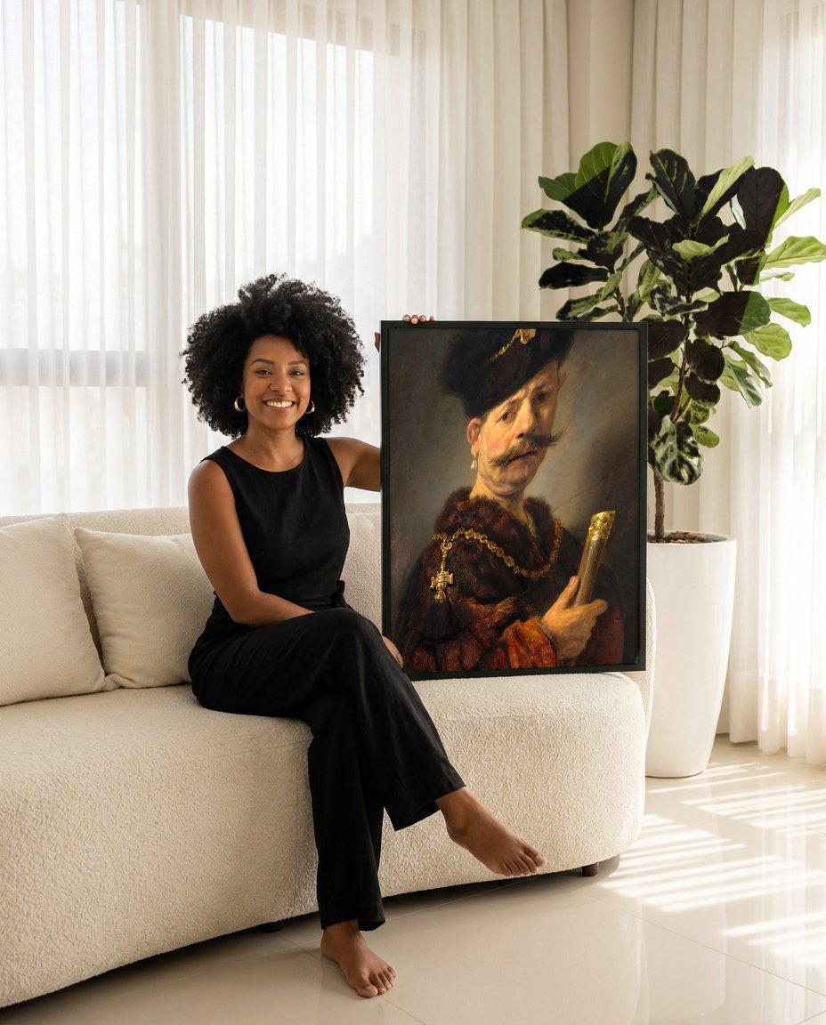 Quadro Decorativo Homem com Gorro Oriental – Rembrandt com modelo em ambiente