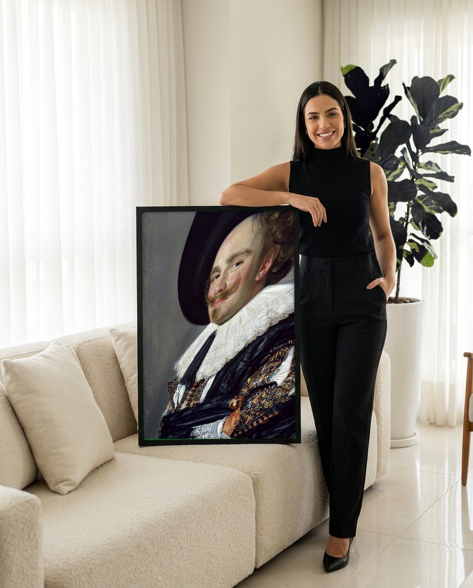 Quadro Decorativo 'O Cavalheiro Sorridente' - Frans Hals com modelo em ambiente