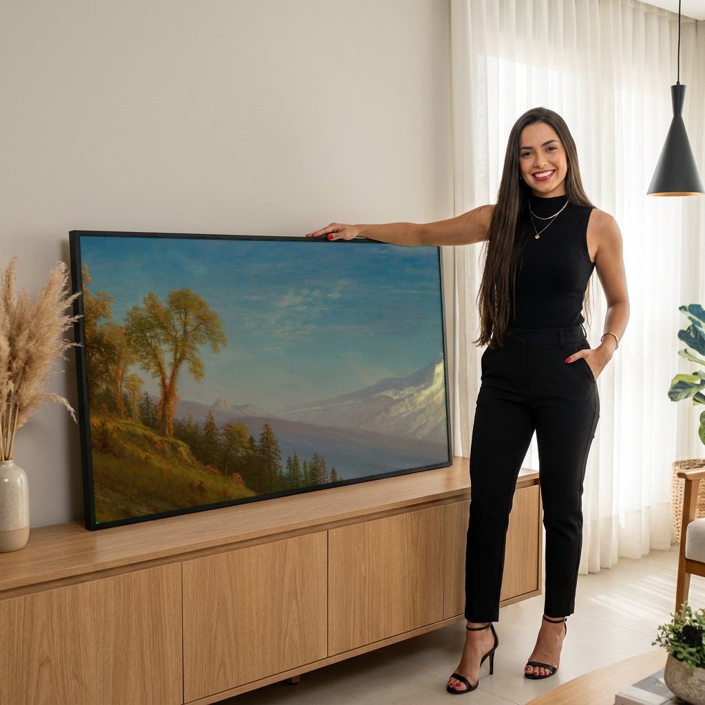 Quadro Decorativo Montanha Nevada ao Entardecer - Bierstadt com modelo em ambiente