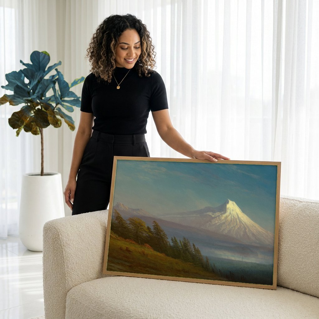 Quadro Decorativo Montanha Nevada ao Entardecer - Bierstadt com modelo em ambiente