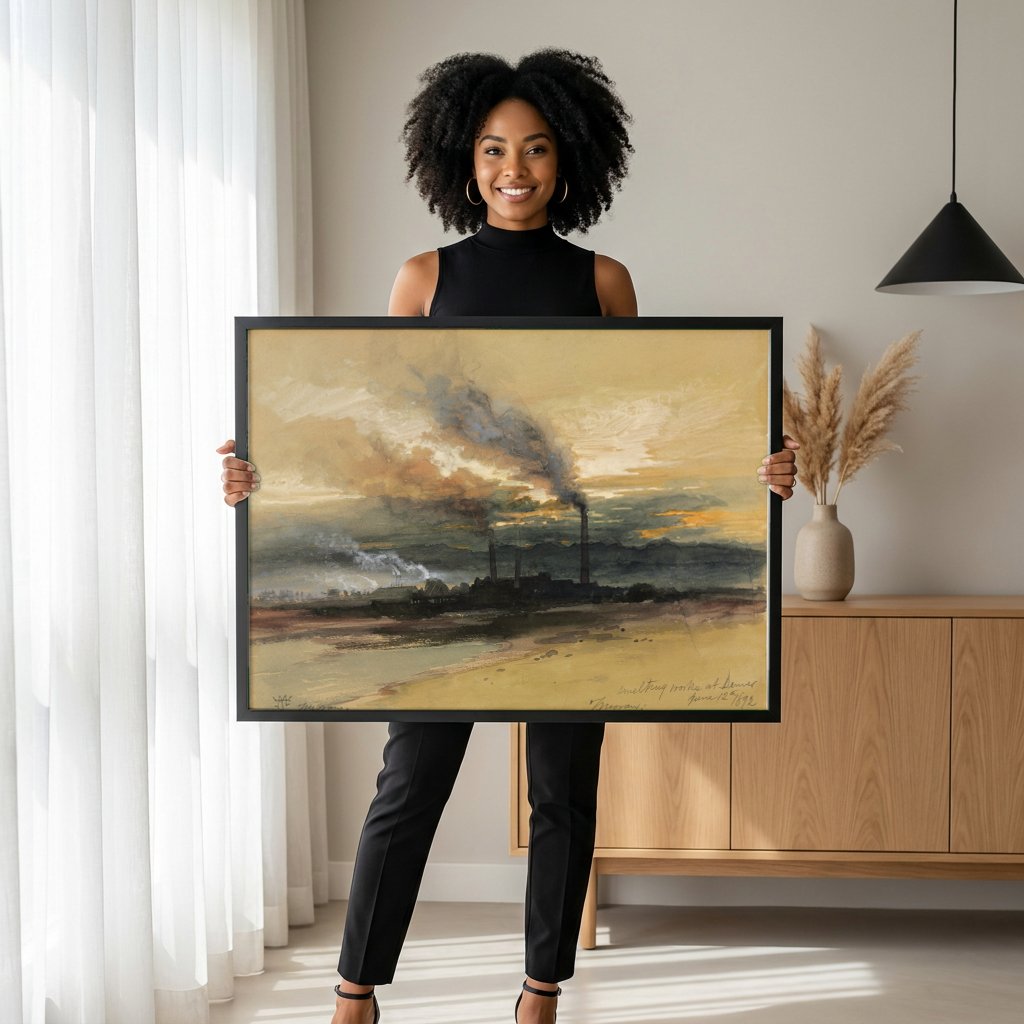 Quadro Decorativo Smelting Works at Denver - Thomas Moran com modelo em ambiente