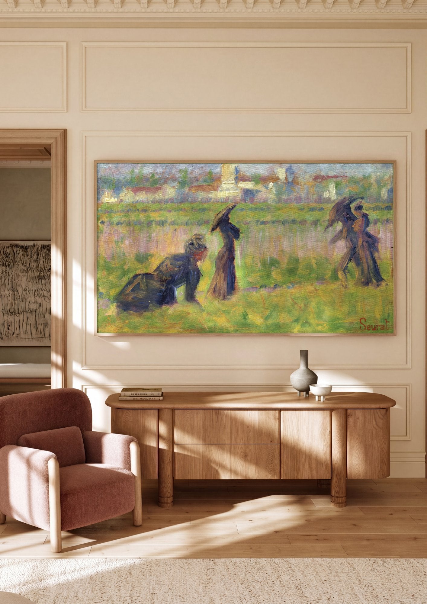 Quadro Decorativo Campo com Figuras - Georges Seurat em ambiente decorado
