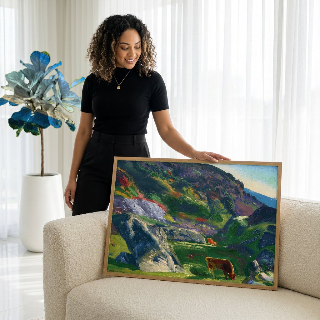 Quadro Decorativo Paisagem com Gado - George Bellows com modelo em ambiente