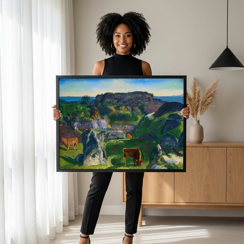 Quadro Decorativo Paisagem com Gado - George Bellows com modelo em ambiente