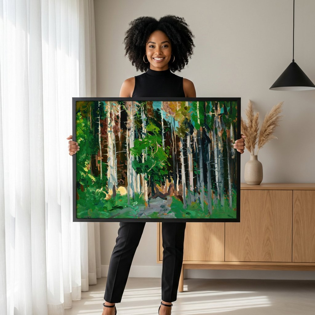 Quadro Decorativo Floresta Vibrante - George Bellows com modelo em ambiente