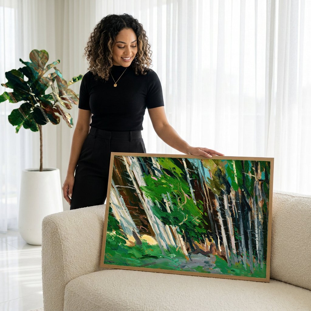 Quadro Decorativo Floresta Vibrante - George Bellows com modelo em ambiente