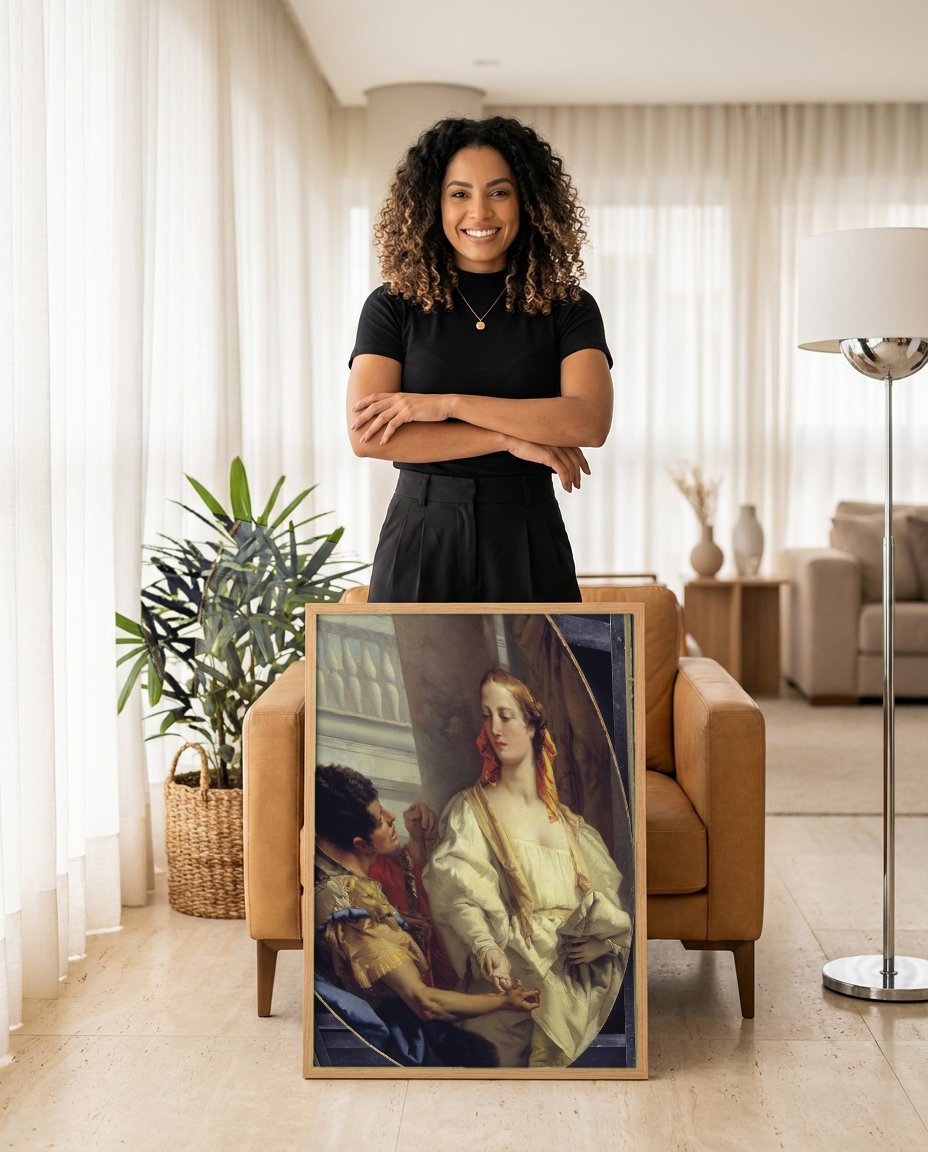 Quadro Decorativo A Oferta do Anel - Tiepolo com modelo em ambiente