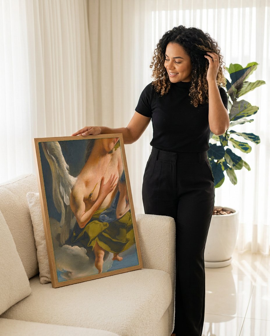 Quadro Decorativo Anjos nas Nuvens - Tiepolo com modelo em ambiente