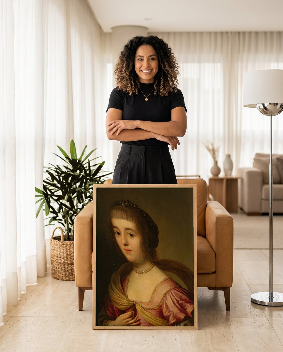 Quadro Decorativo Retrato de Mulher - Gerard van Honthorst com modelo em ambiente