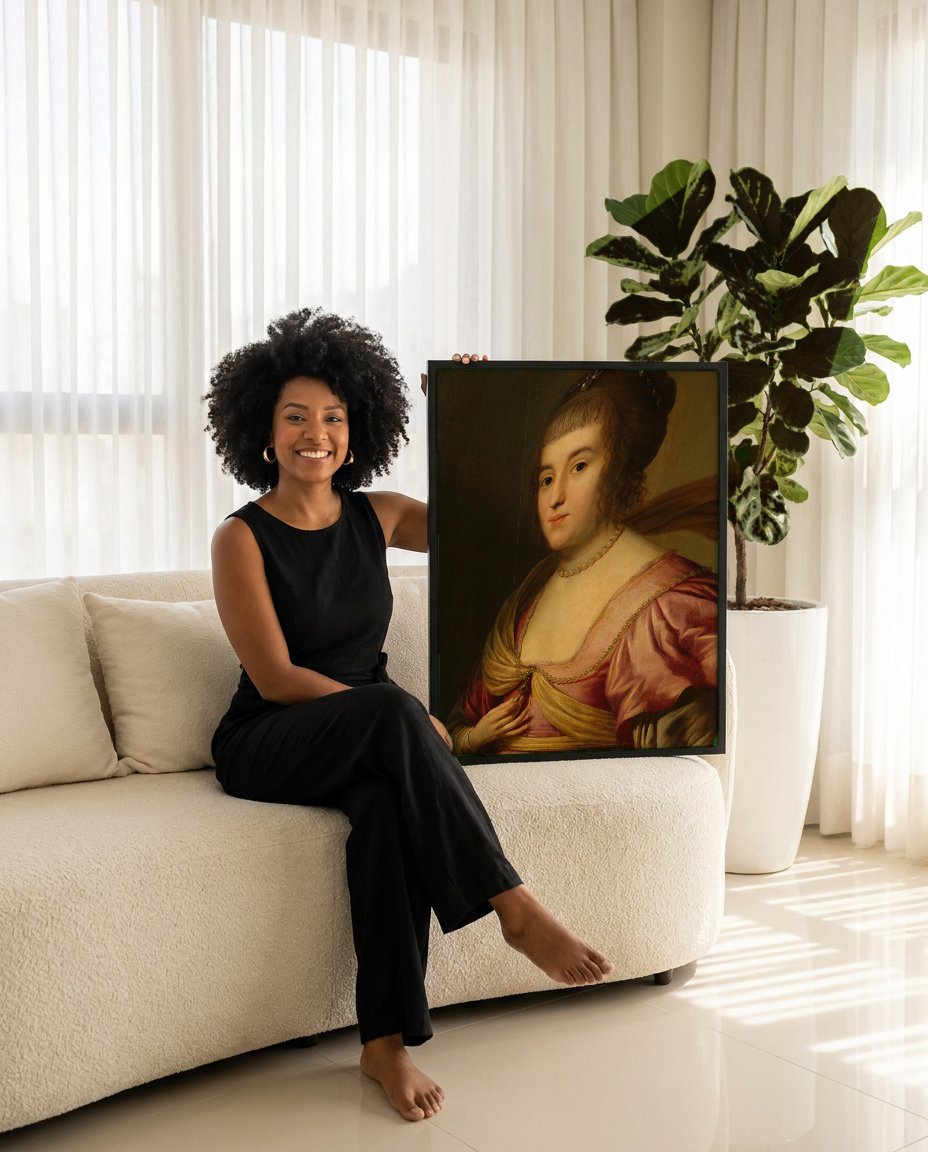 Quadro Decorativo Retrato de Mulher - Gerard van Honthorst com modelo em ambiente