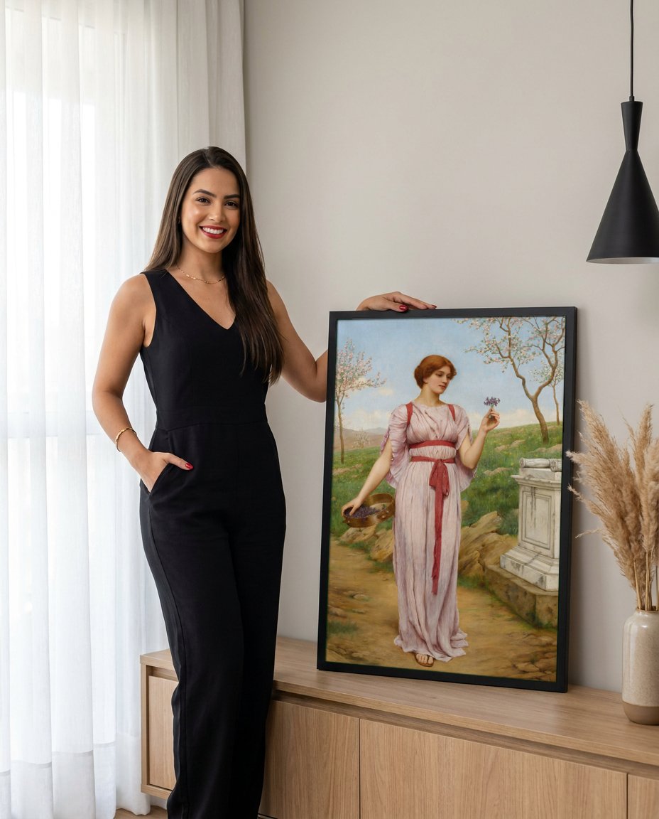 Quadro Decorativo A Oferta de Primavera - J. W. Godward com modelo em ambiente