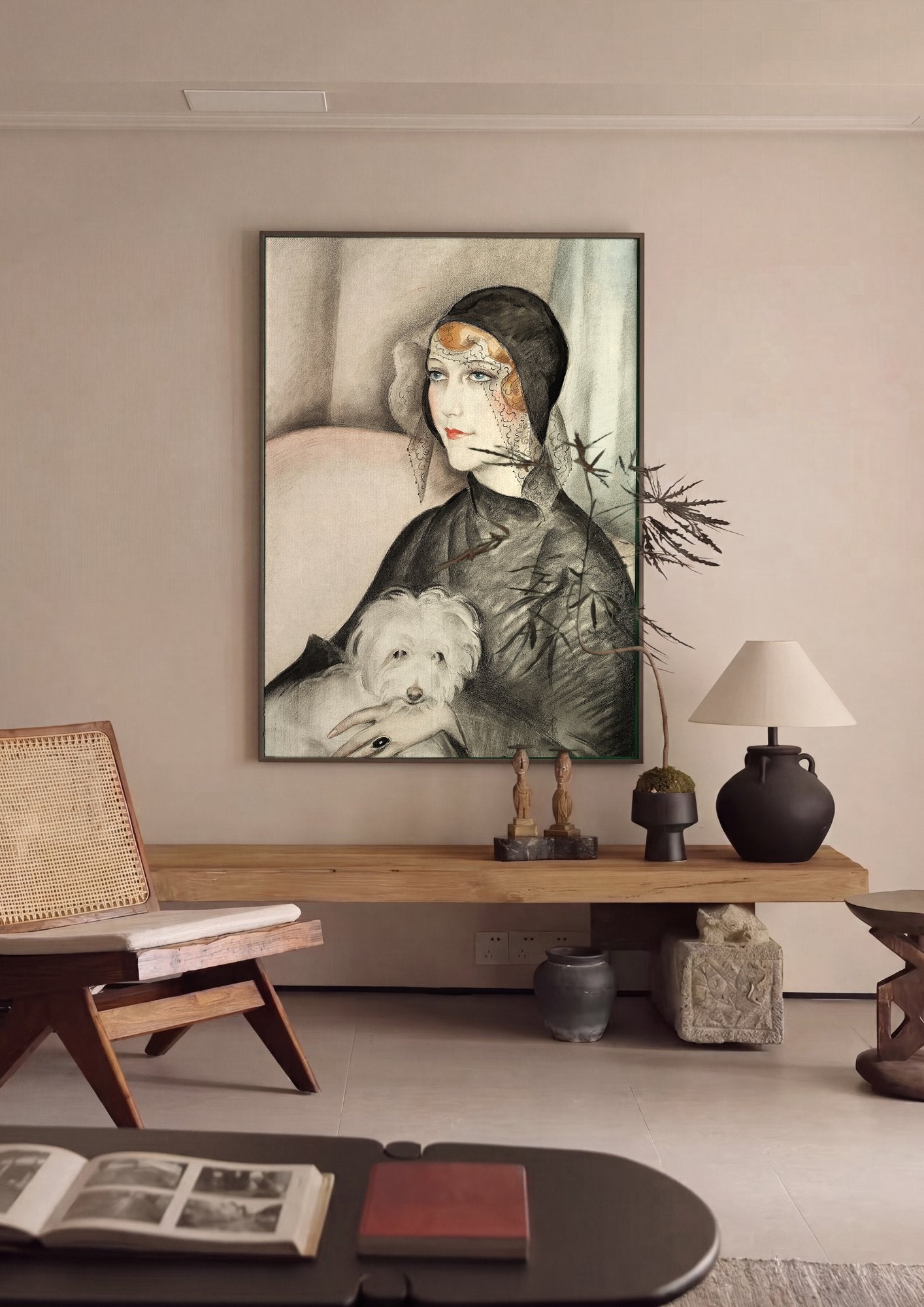 Quadro Decorativo Dama com Cachorro - Gerda Wegener em ambiente decorado