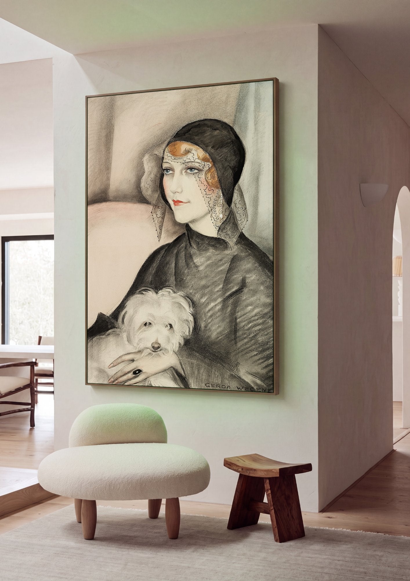Quadro Decorativo Dama com Cachorro - Gerda Wegener em ambiente decorado