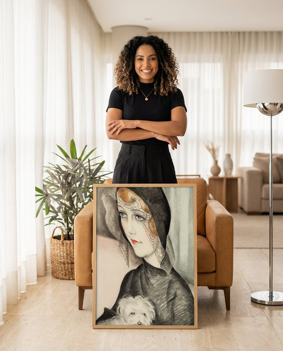 Quadro Decorativo Dama com Cachorro - Gerda Wegener com modelo em ambiente