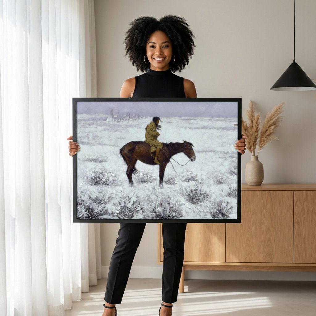 Quadro Decorativo 'Mounted Indian' - Frederic Remington com modelo em ambiente