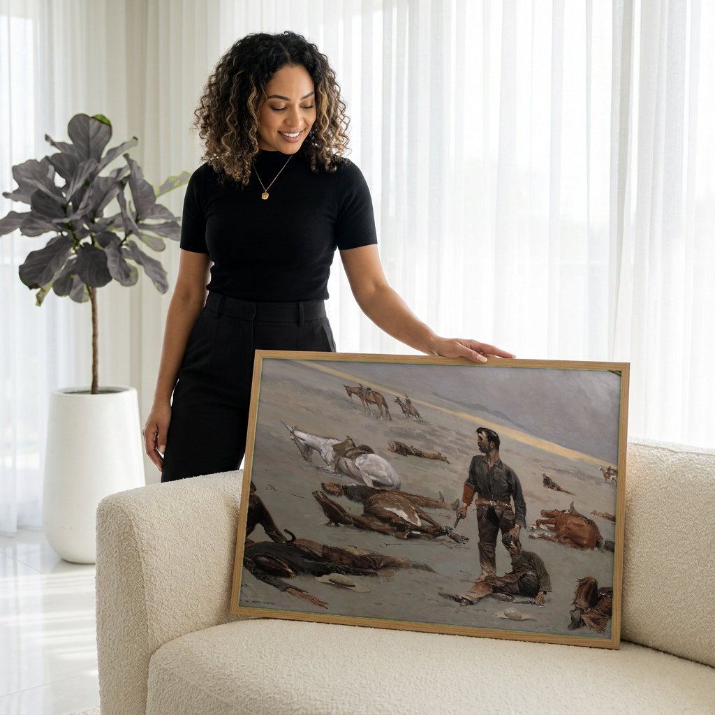 Quadro Decorativo 'The Last Stand' - Frederic Remington com modelo em ambiente