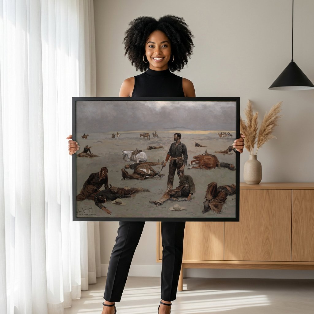Quadro Decorativo 'The Last Stand' - Frederic Remington com modelo em ambiente