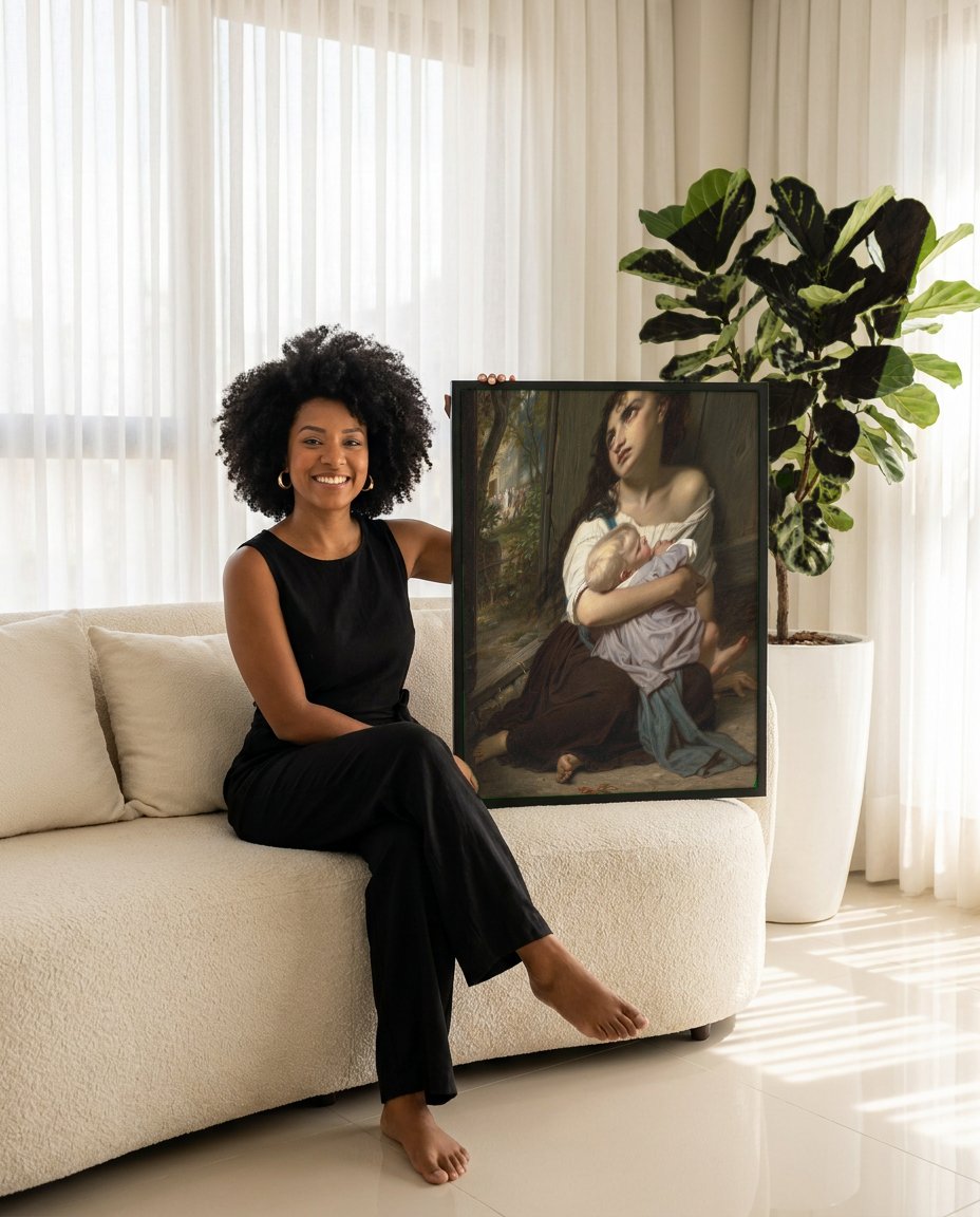 Quadro Decorativo A Caridade - Hugues Merle com modelo em ambiente