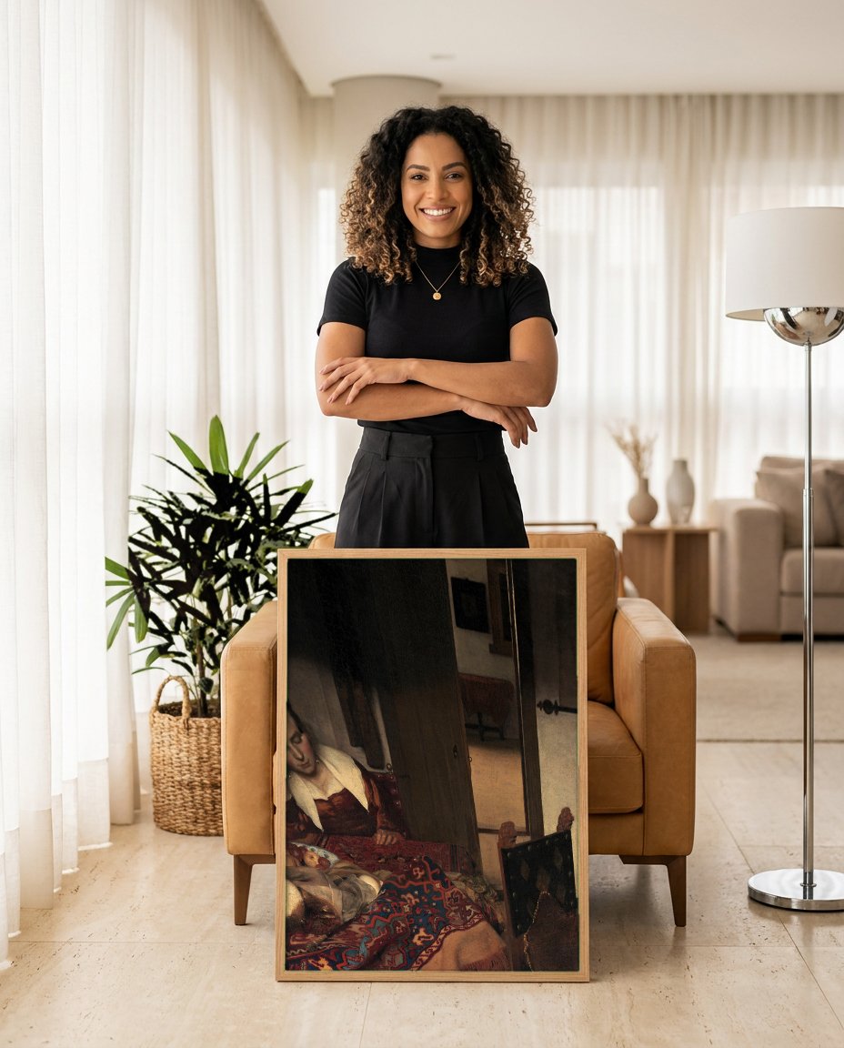 Quadro Decorativo A Moça Adormecida - Vermeer com modelo em ambiente
