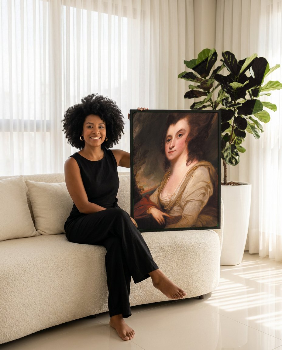 Quadro Decorativo Senhora com Manto Vermelho - George Romney com modelo em ambiente
