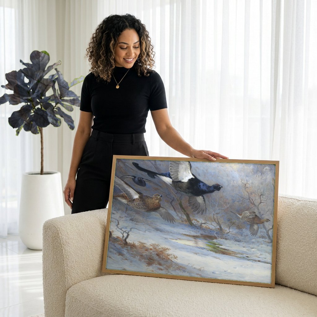 Quadro Decorativo Aves de Caça no Inverno - Thorburn com modelo em ambiente