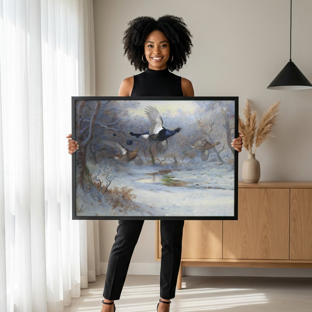 Quadro Decorativo Aves de Caça no Inverno - Thorburn com modelo em ambiente
