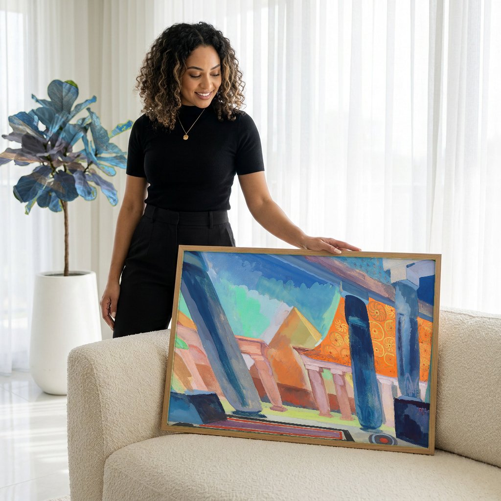 Quadro Decorativo Templo de Luxor - Robert Delaunay com modelo em ambiente