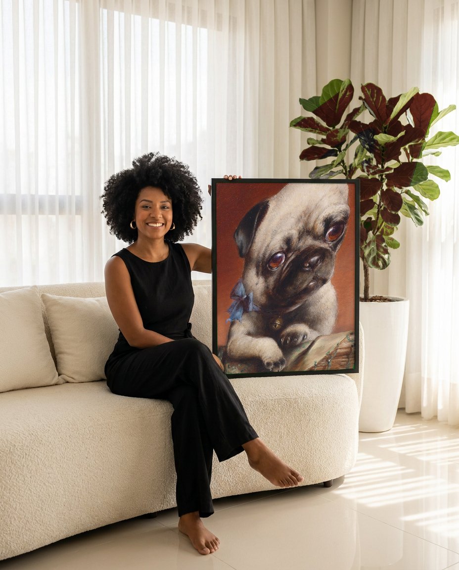Quadro Decorativo Cão Pug - Carl Reichert com modelo em ambiente