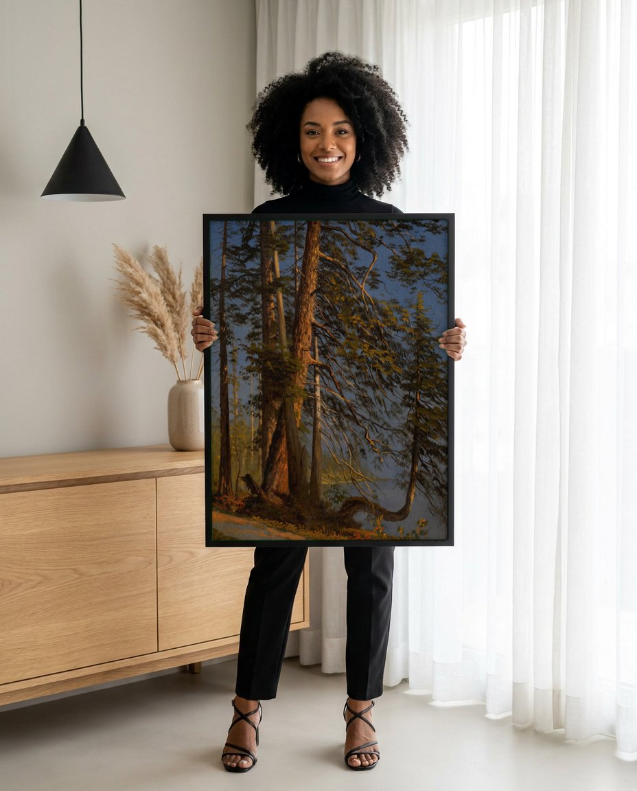 Quadro Decorativo Floresta e Lago - Albert Bierstadt com modelo em ambiente