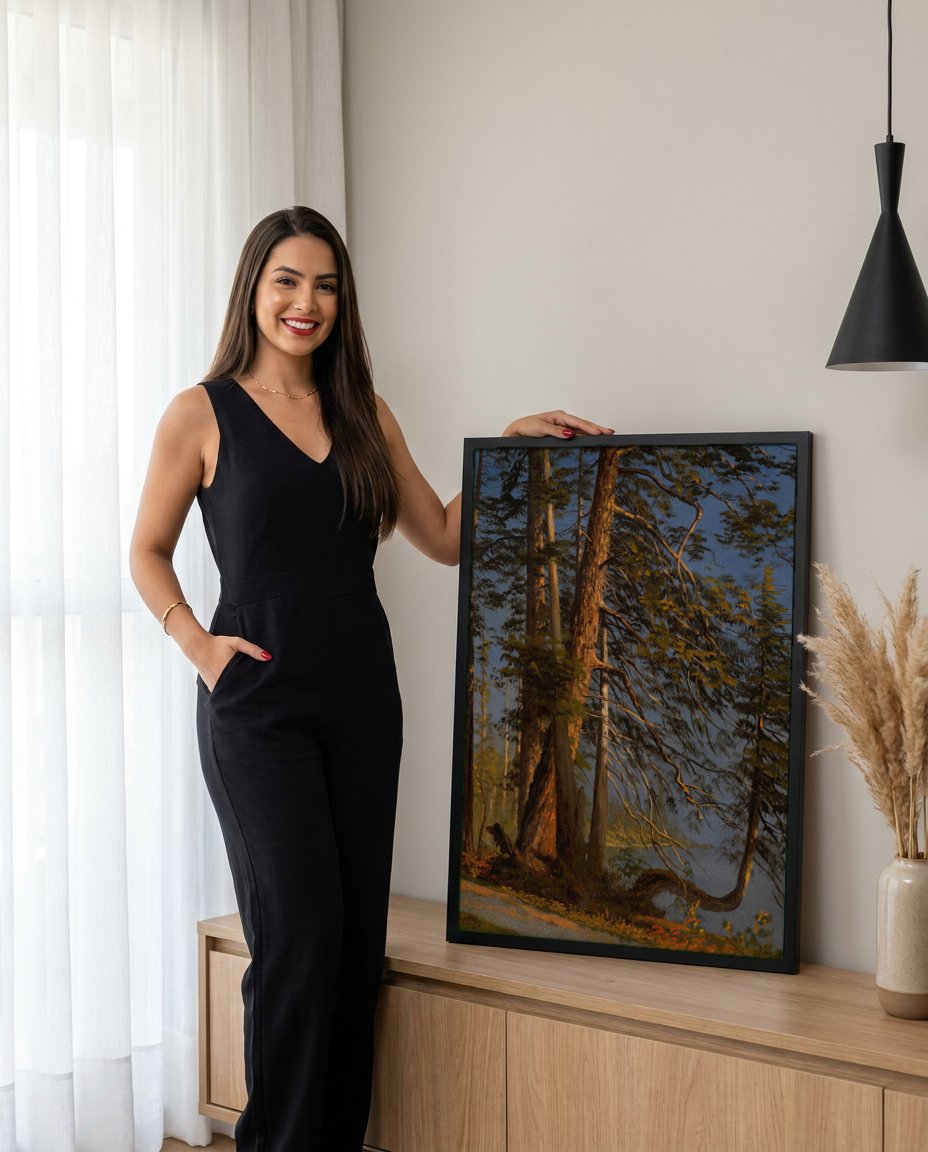 Quadro Decorativo Floresta e Lago - Albert Bierstadt com modelo em ambiente
