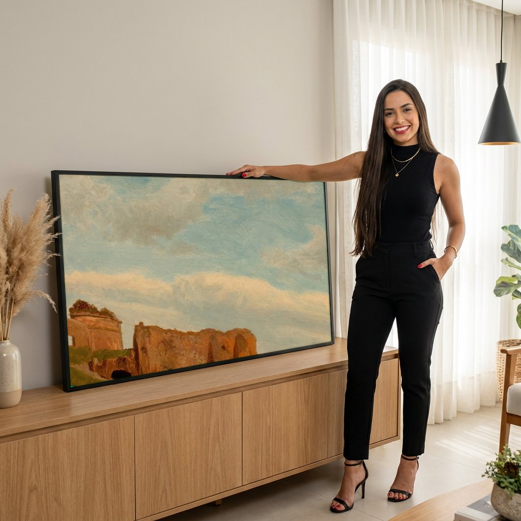 Quadro Decorativo Ruínas Antigas - Albert Bierstadt com modelo em ambiente