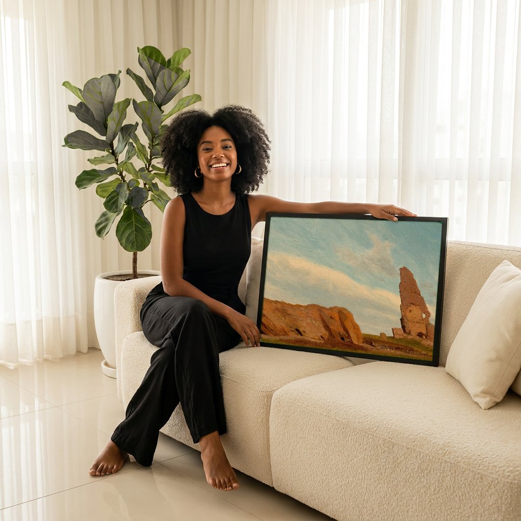 Quadro Decorativo Ruínas Antigas - Albert Bierstadt com modelo em ambiente