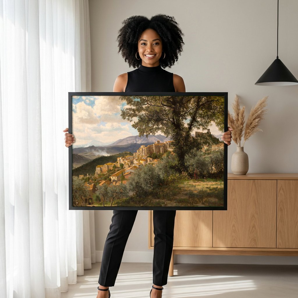 Quadro Decorativo Aldeia Italiana - Albert Bierstadt com modelo em ambiente