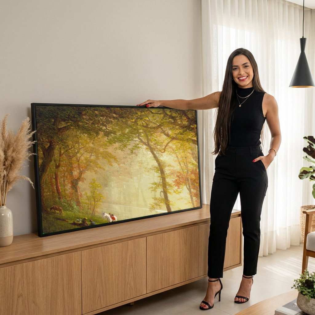 Quadro Decorativo Floresta e Rio – Albert Bierstadt com modelo em ambiente