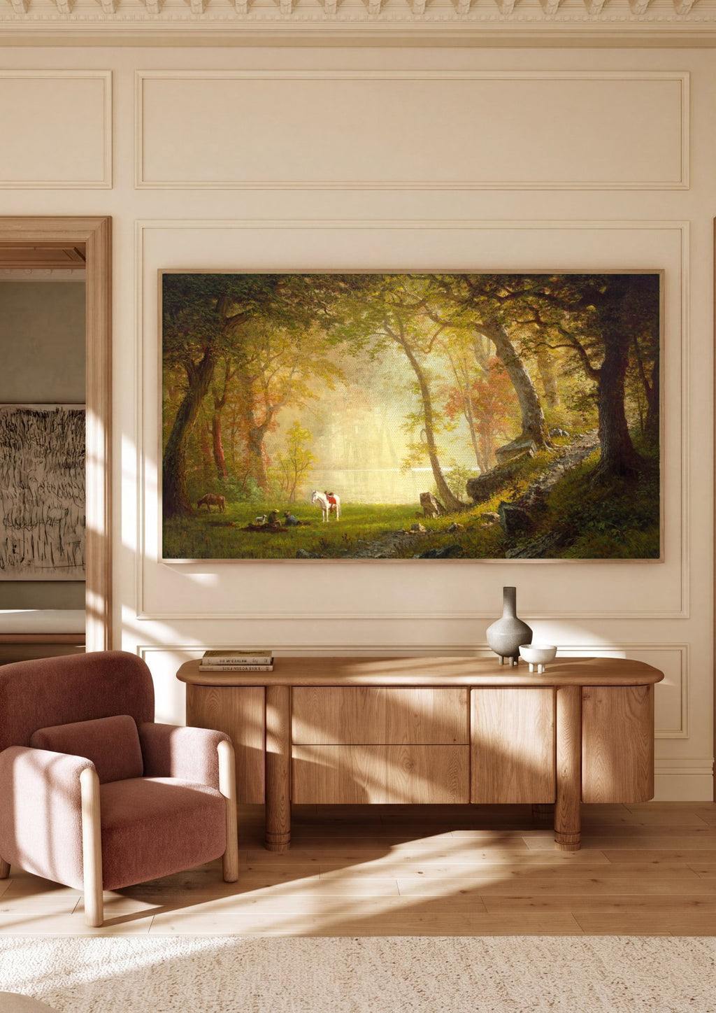 Quadro Decorativo Floresta e Rio – Albert Bierstadt em ambiente decorado