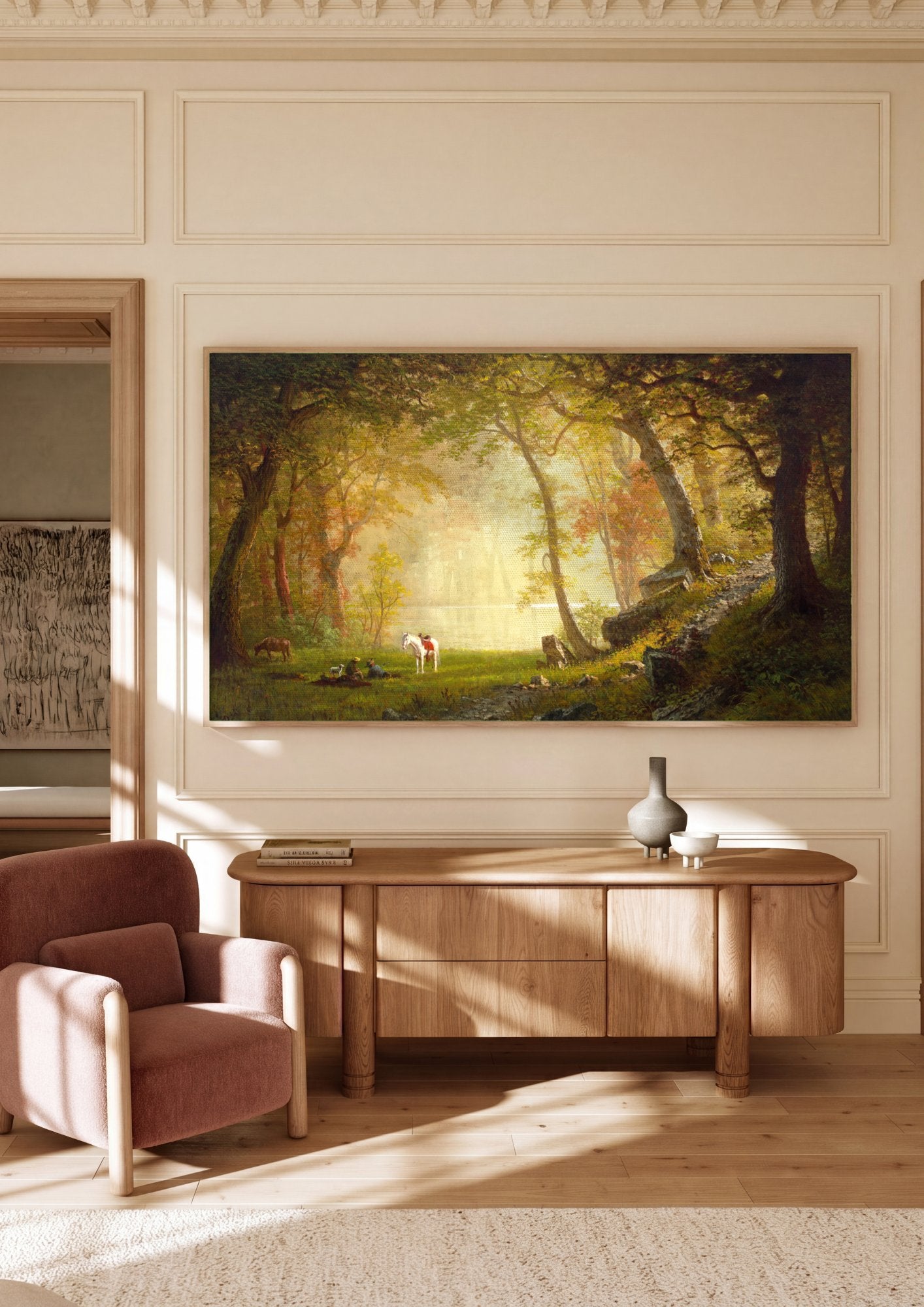 Quadro Decorativo Floresta e Rio – Albert Bierstadt em ambiente decorado