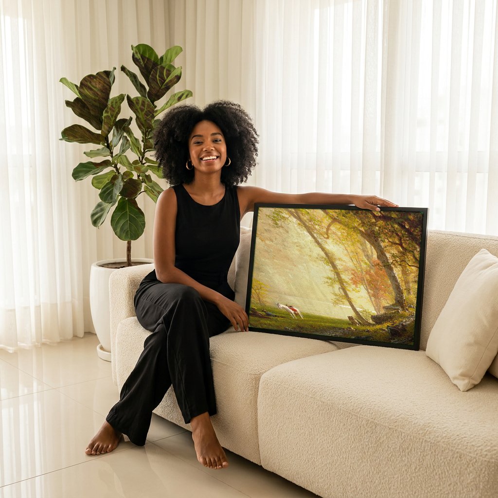 Quadro Decorativo Floresta e Rio – Albert Bierstadt com modelo em ambiente