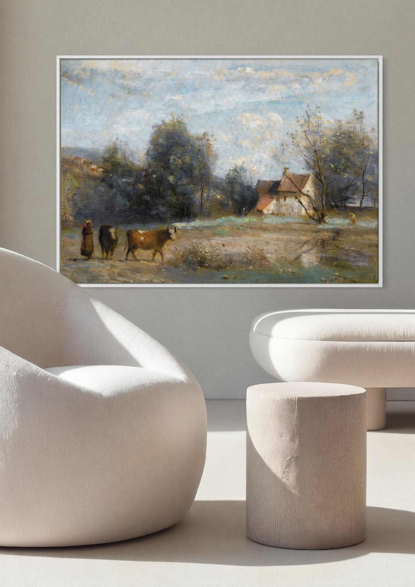 Quadro Decorativo Paisagem com Camponeses e Gado - Corot em ambiente decorado