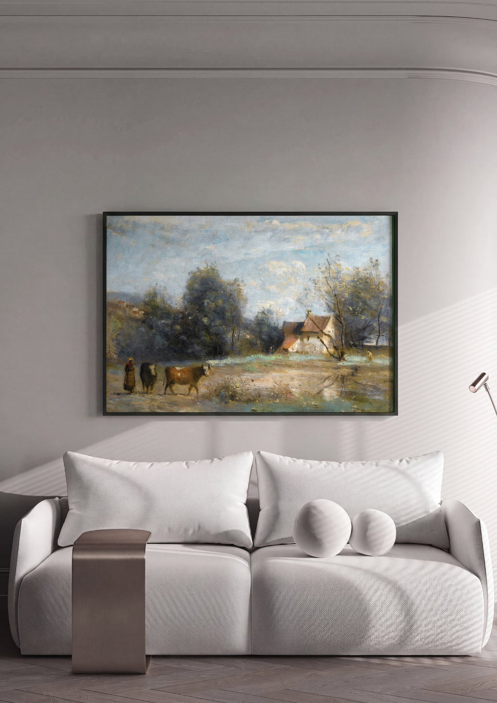 Quadro Decorativo Paisagem com Camponeses e Gado - Corot em ambiente decorado