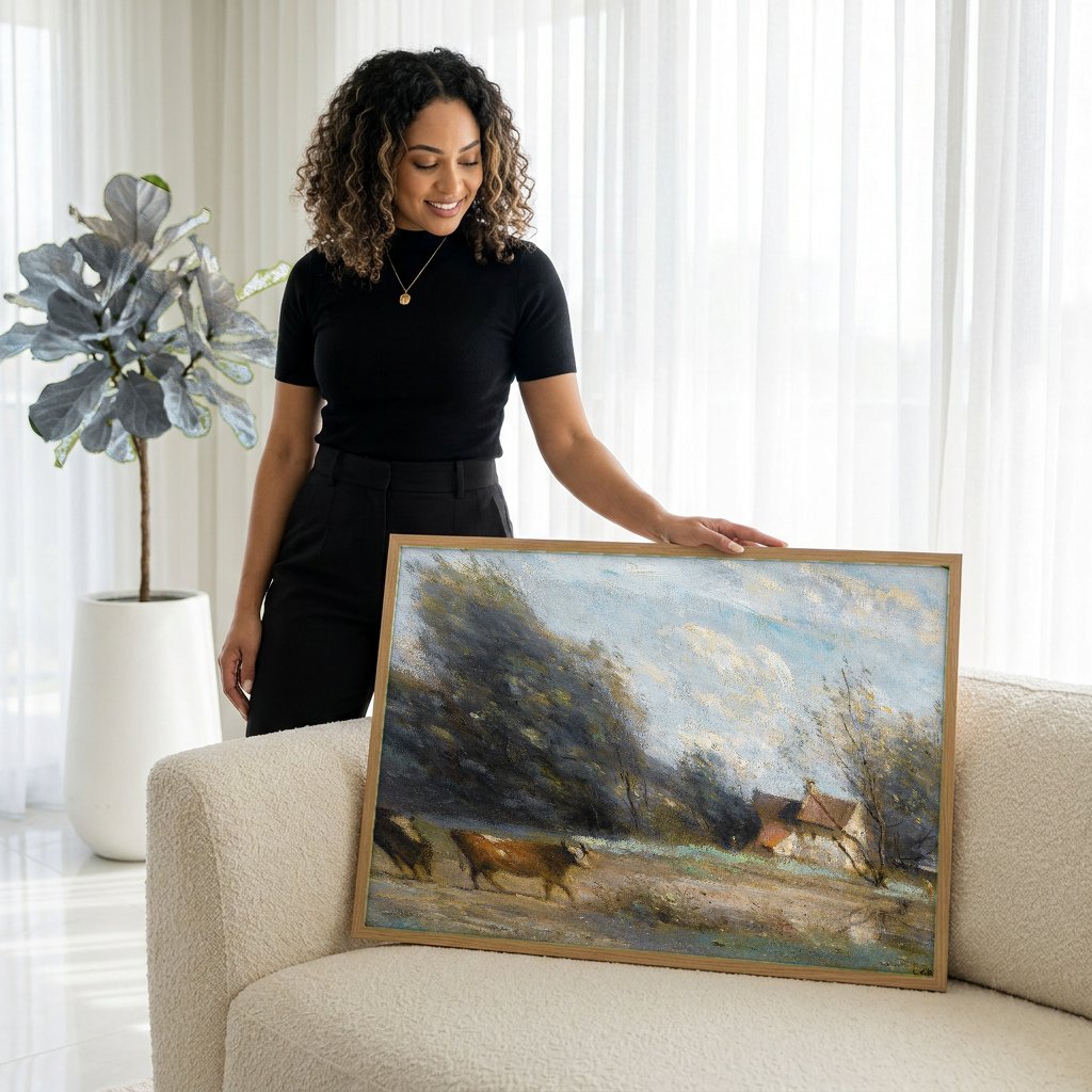 Quadro Decorativo Paisagem com Camponeses e Gado - Corot com modelo em ambiente