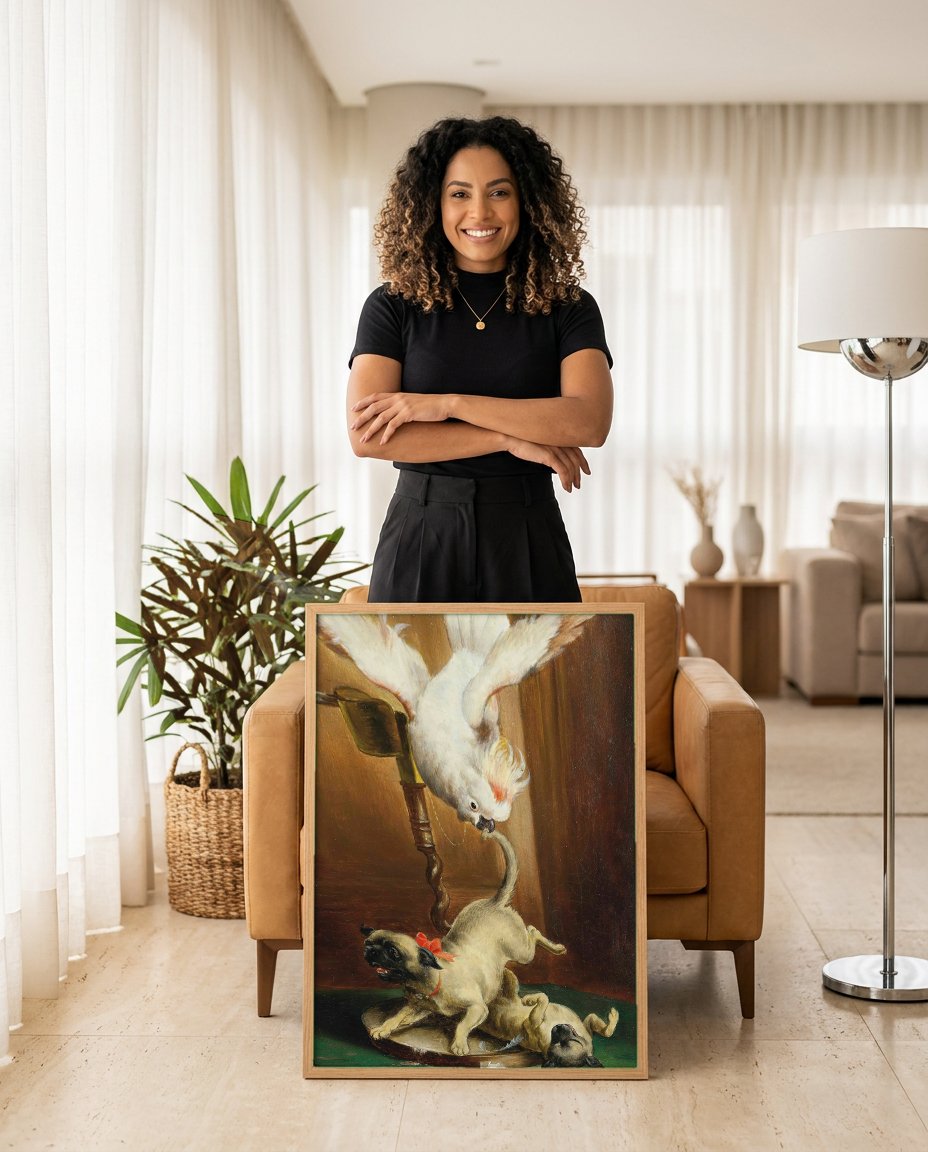 Quadro Decorativo Cacatua e Pugs Travessos - Carl Reichert com modelo em ambiente