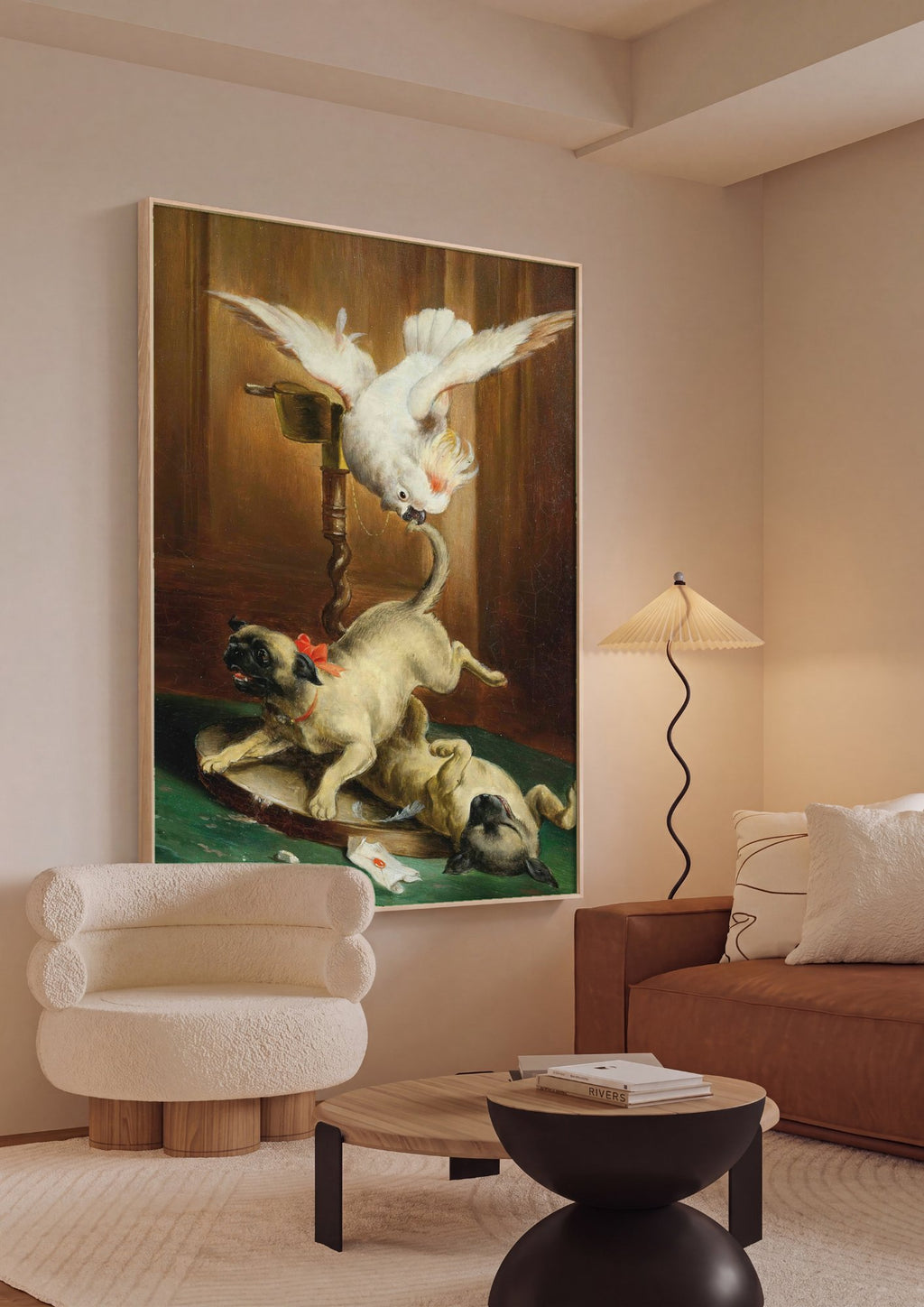 Quadro Decorativo Cacatua e Pugs Travessos - Carl Reichert em ambiente decorado