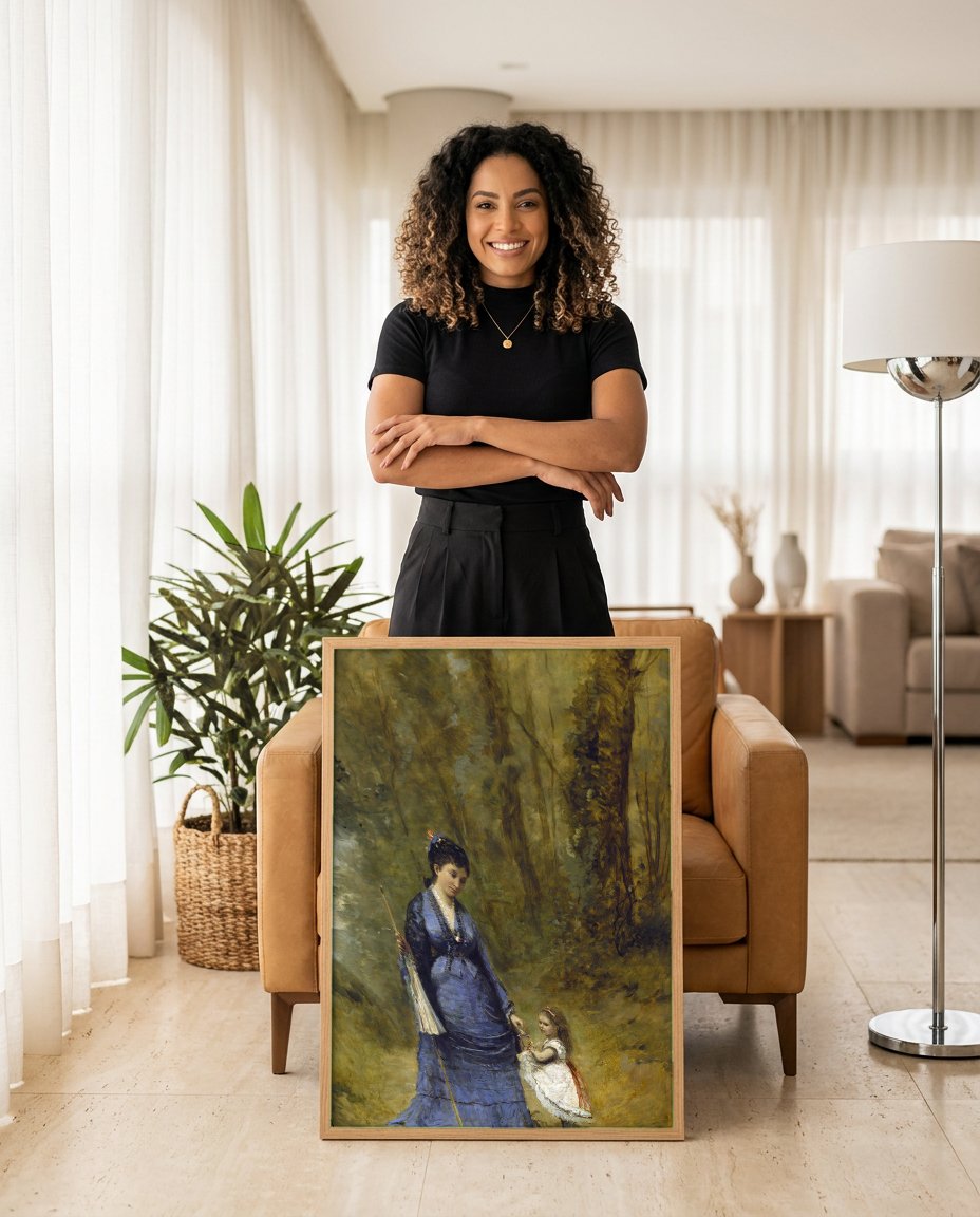 Quadro Decorativo Mãe e Filha na Floresta - Corot com modelo em ambiente