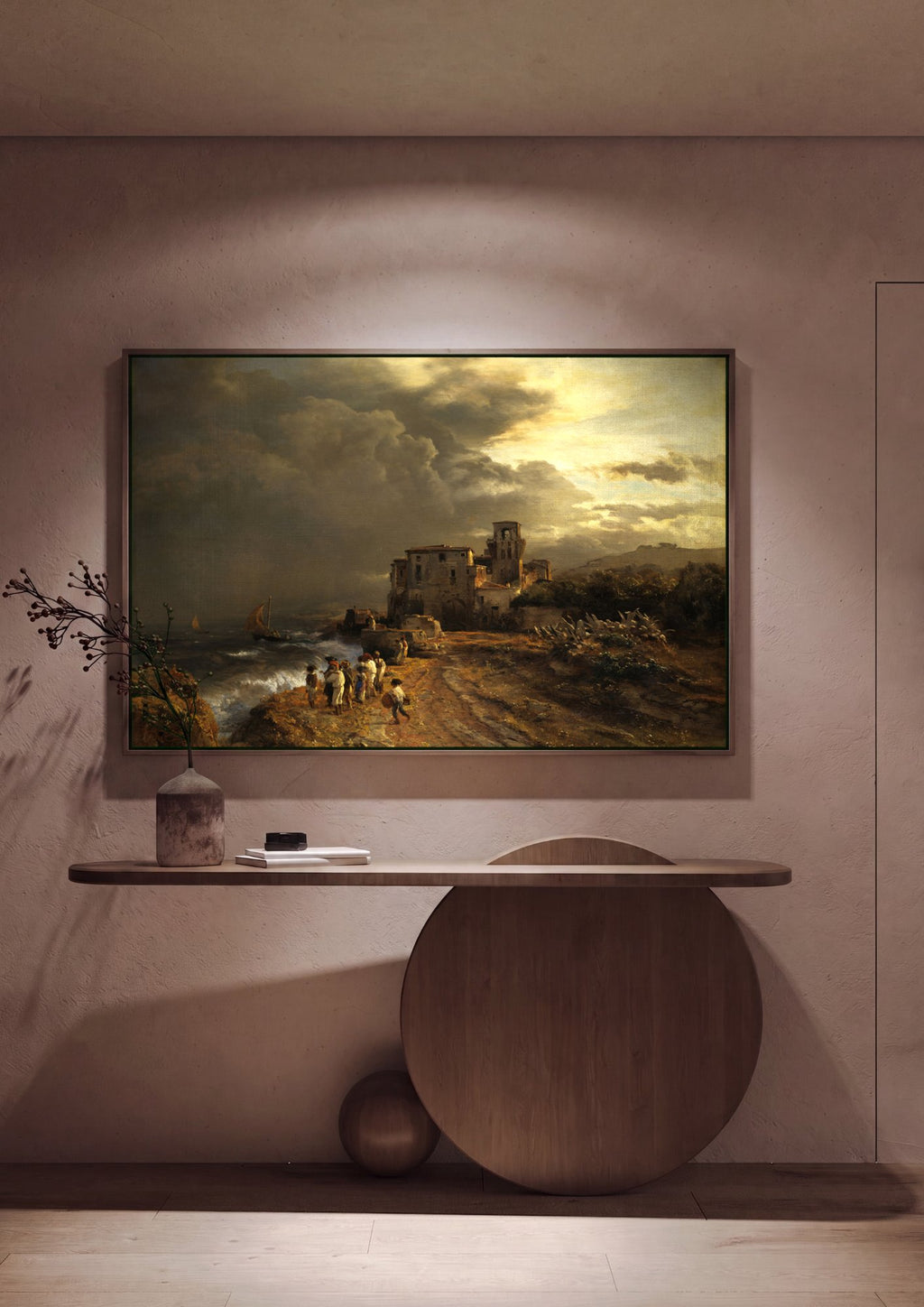 Quadro Decorativo Porto Italiano Tempestuoso - Oswald Achenbach em ambiente decorado